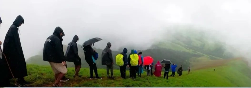 A guided group in rain gear walking the misty ridge